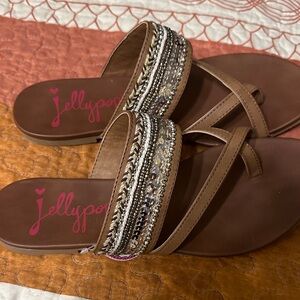 Jellypop Brown Beaded Slide Sandals with Metallic Accents
